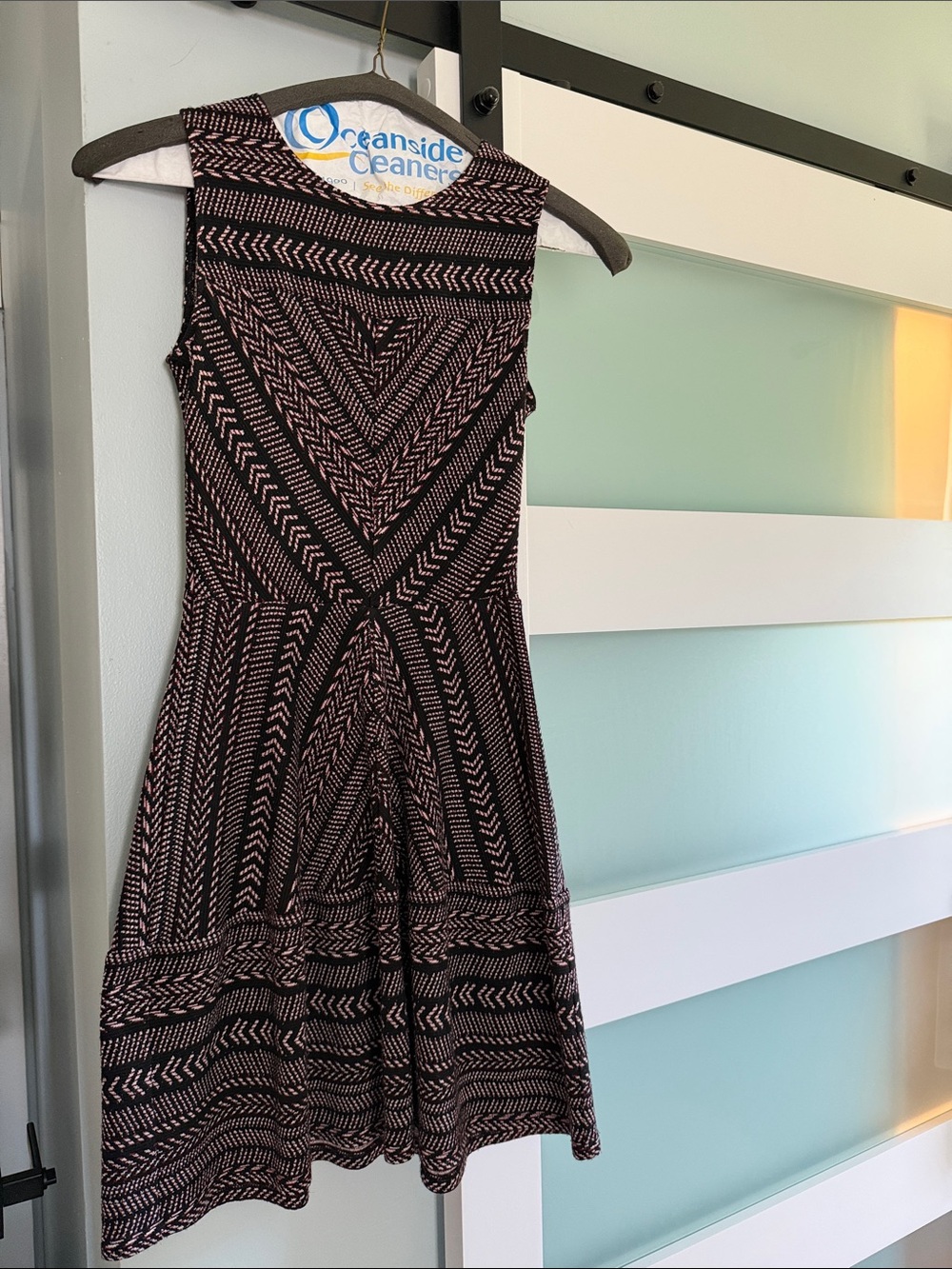 BCBGMaxAzria Black and Pink Chevron Fit-and-Flare Mini Dress